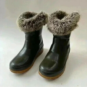 Joules Girls Junior Chilton Wellington Snow Boots Fur Trim Green Pull On Sz US 1